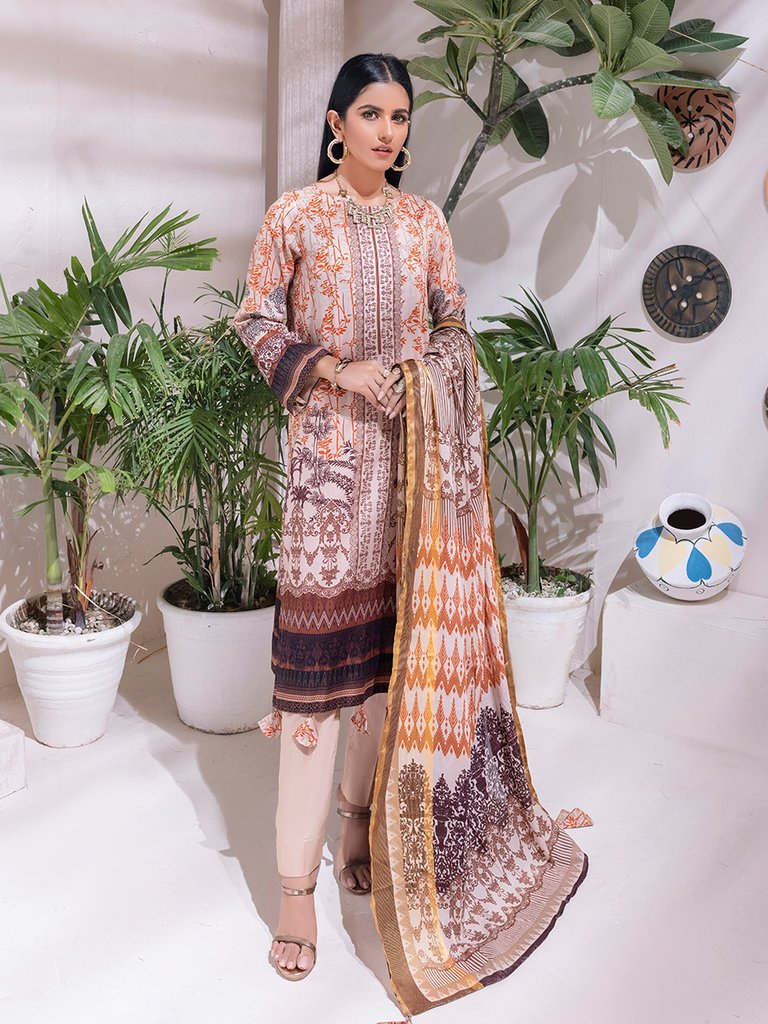 Unstitched 3pc - Printed Cambric Shirt & Printed Cambric Dupatta with Gold Border & Dyed Cambric Trouser - Inaya Gold Cambric (IP-00103B)